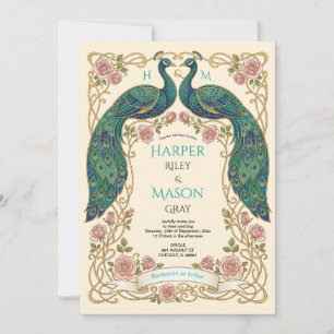 Invitation de mariage Paon Art Nouveau Floral Cadr