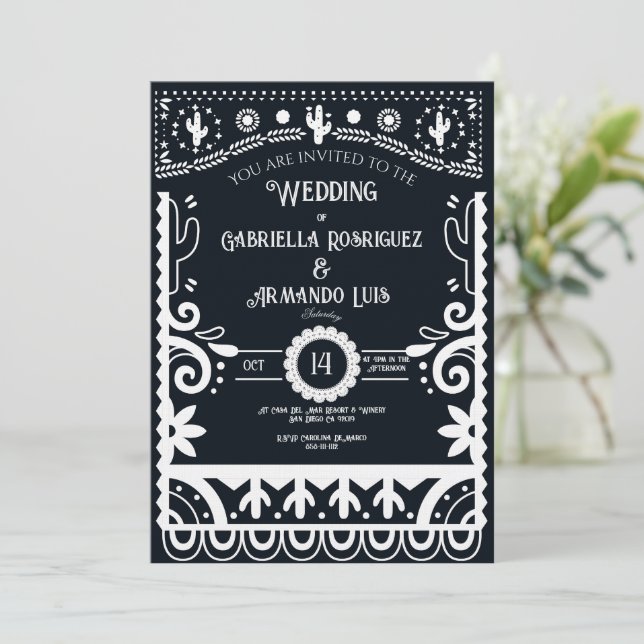 Invitation de mariage Papier Picado noir et blanc (Debout devant)