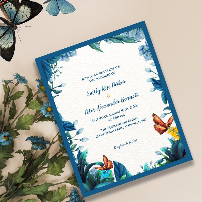 Invitation de mariage papillon botanique bleu (Blue Botanical Butterfly Wedding Invitation)