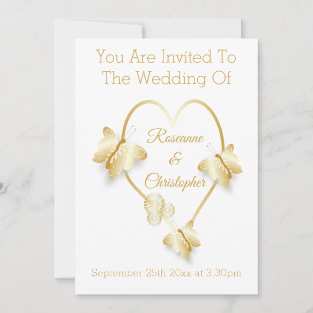 Invitation de mariage papillon cœur couleur or (Devant)
