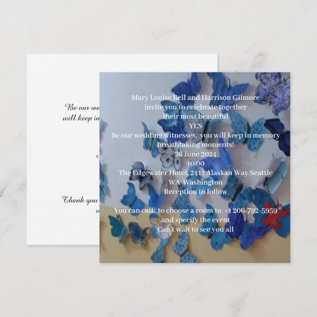 Invitation de mariage Papillons Bleus (Devant / Derrière)