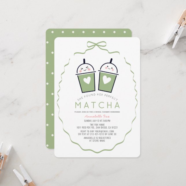 Invitation de mariage parfaite Matcha Kawaii Bow F (Devant/Arrière en situation)