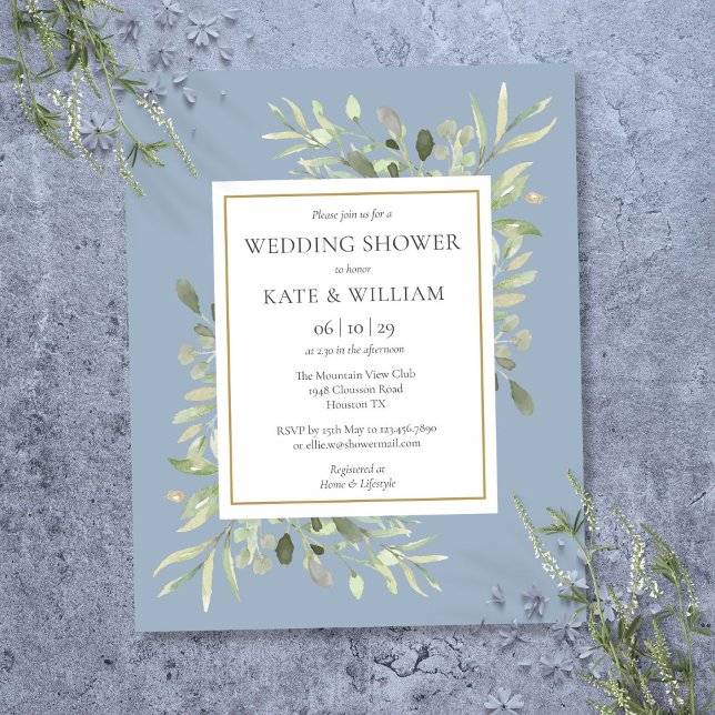 Invitation de mariage pas chère Dusty Blue avec ve (Budget Greenery Dusty Blue Wedding Shower Invite)