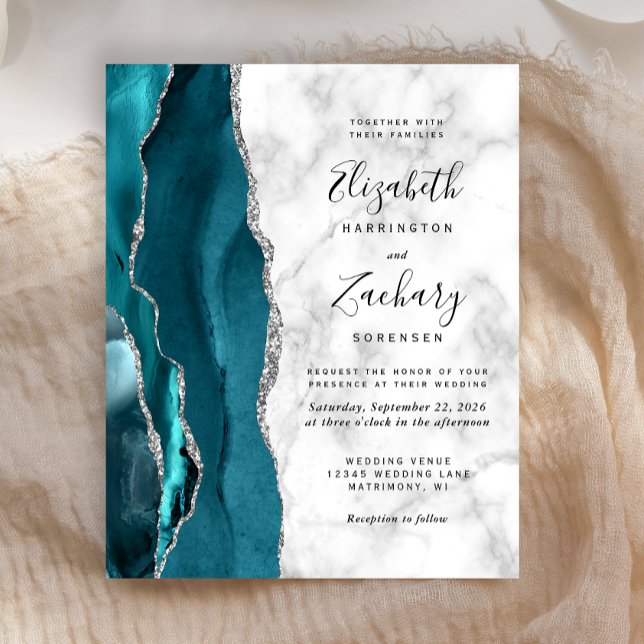 Invitation de mariage pas chère en marbre de teal  (Créateur téléchargé)
