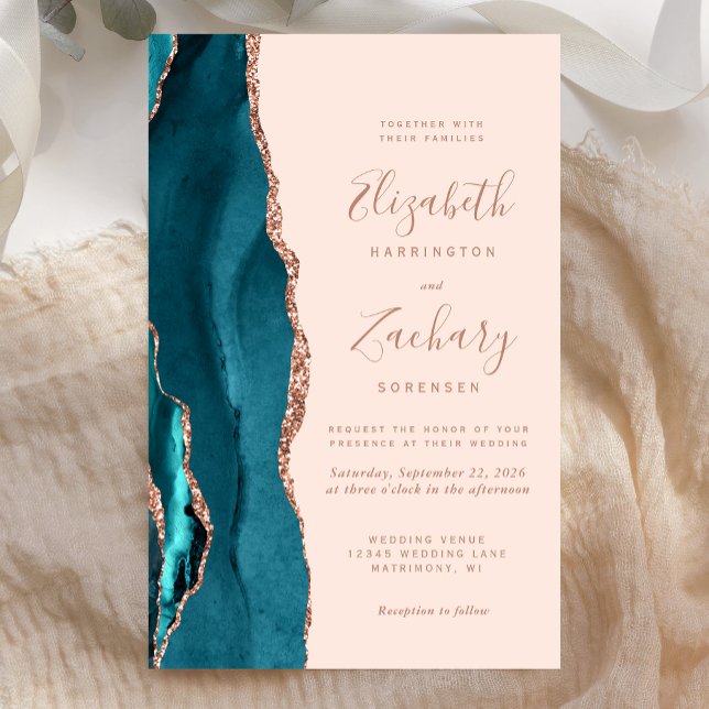 Invitation de mariage pas chère en sarcelle or ros (Créateur téléchargé)