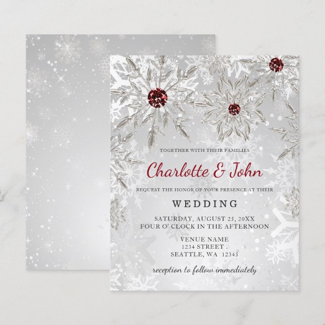 Invitation de mariage pas chère flocons de neige r (Devant / Derrière)