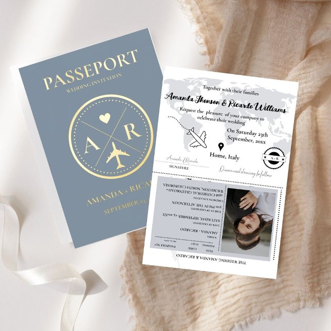 Invitation de mariage Passeport Bleu Poussiéreux e (Créateur téléchargé)
