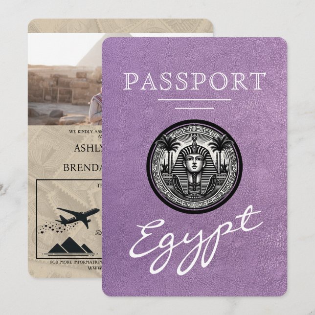Invitation de mariage passeport Egypte lavande (Devant / Derrière)