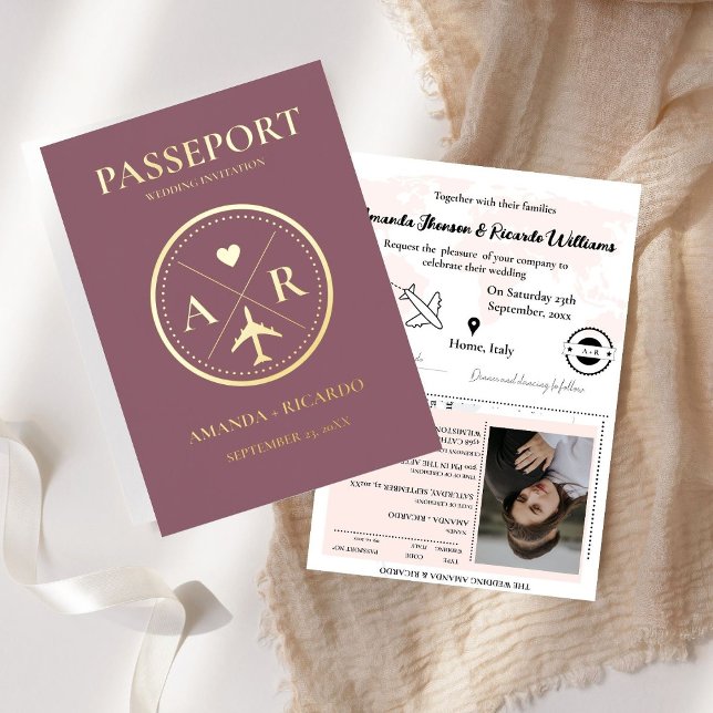 Invitation de mariage passeport or et mauve foncé (Créateur téléchargé)