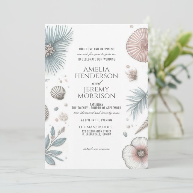 Invitation de mariage Pastel Beach avec code QR (Debout devant)