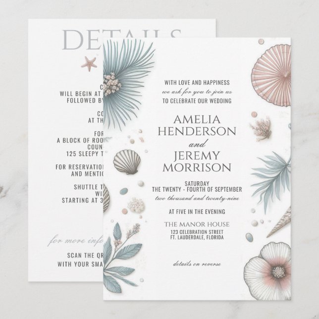 Invitation de mariage Pastel Beach avec QR & Détai (Devant / Derrière)