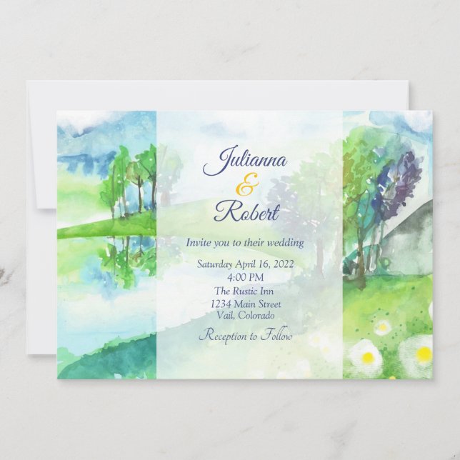 Invitation de mariage paysage de nature à l'aquare (Devant)