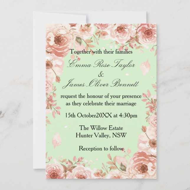 Invitation de mariage personnalisable aux roses fl (Devant)