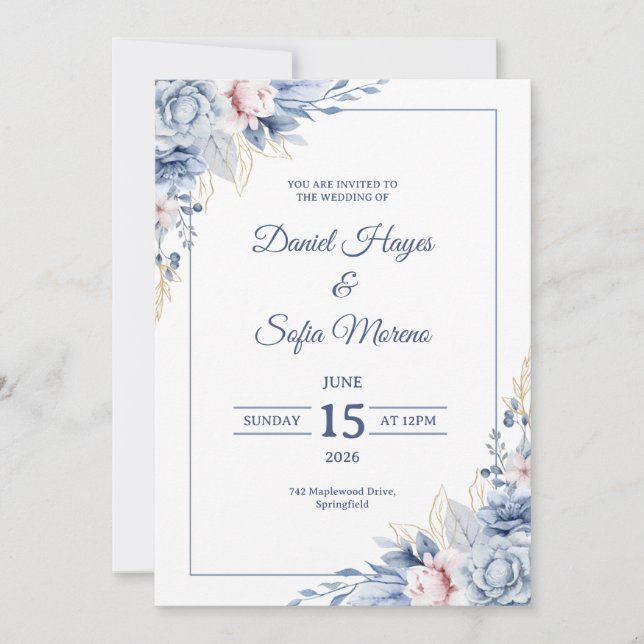 Invitation de mariage personnalisée moderne bleue (Devant)