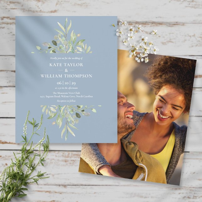 Invitation de mariage photo avec feuillage bleu po (Créateur téléchargé)