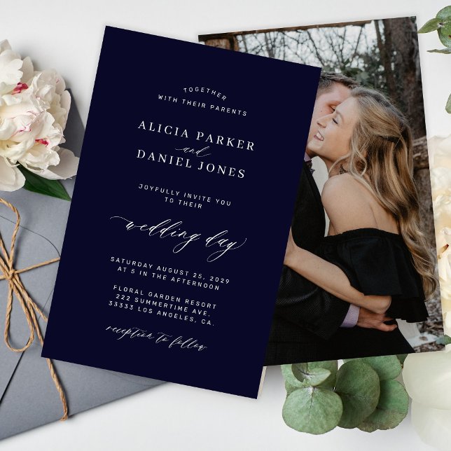 Invitation de mariage photo blanc marine foncé bud (Créateur téléchargé)