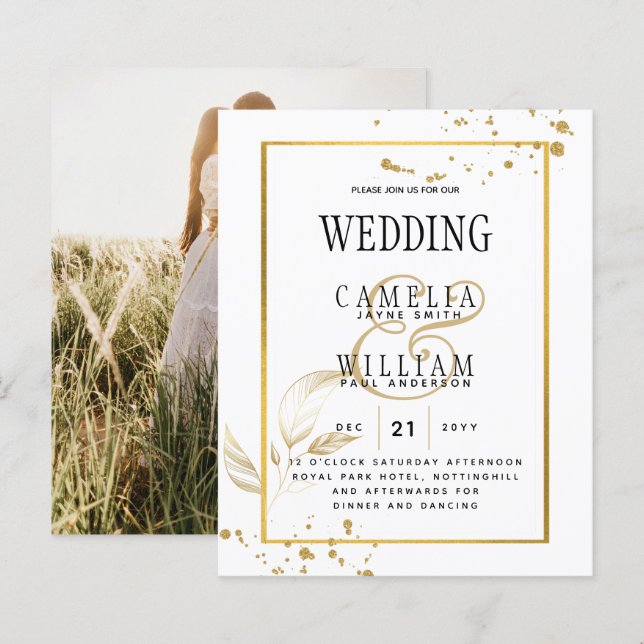 INVITATION DE MARIAGE PHOTO Blanc Or BUDGET (Devant / Derrière)