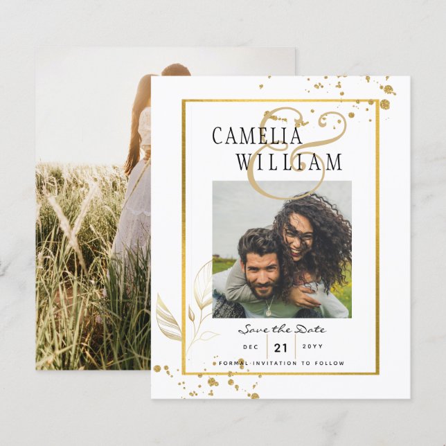 INVITATION DE MARIAGE PHOTO Blanc Or BUDGET (Devant / Derrière)
