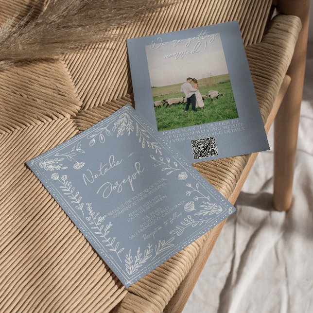 Invitation de mariage photo botanique florale bleu (Créateur téléchargé)