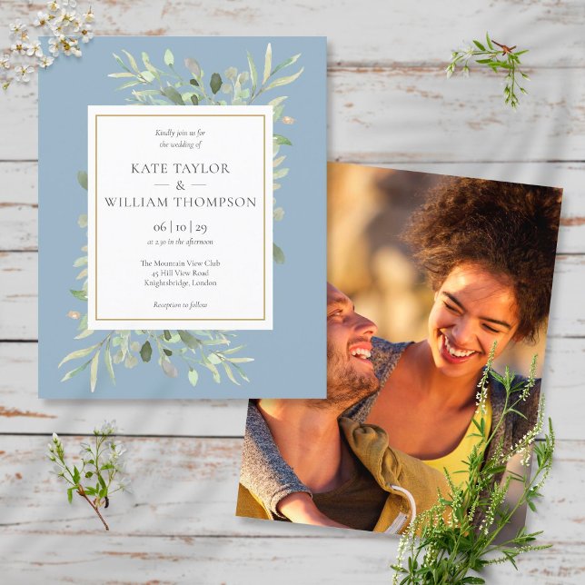 Invitation de mariage photo Budget Feuillage Bleu  (Créateur téléchargé)