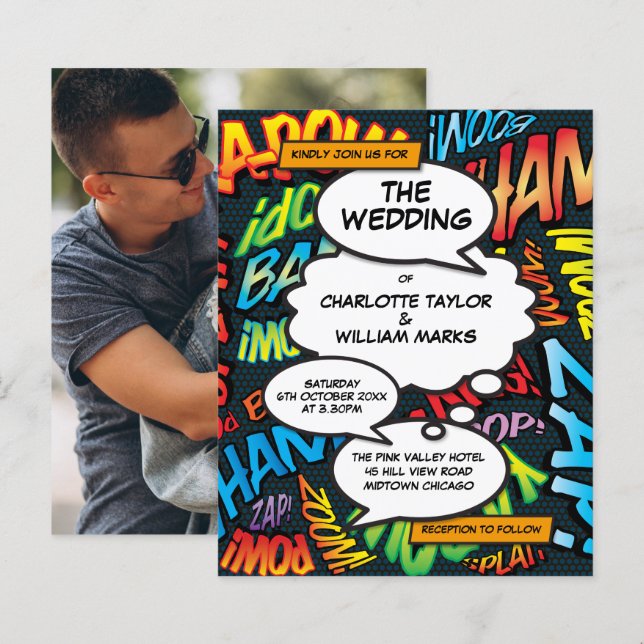 Invitation de mariage photo de bande dessinée à pe (Devant / Derrière)