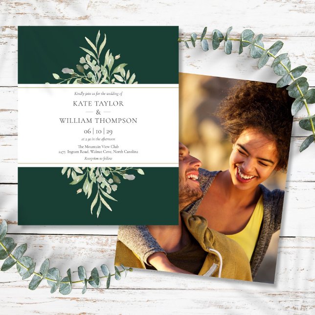 Invitation de mariage photo émeraude Budget Greene (Budget Greenery Emerald Wedding Photo Invitation)