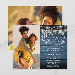 Invitation de mariage photo en bois rustique bleu