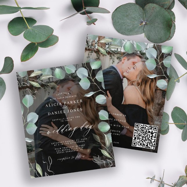 Invitation de mariage photo eucalyptus code QR bud (Créateur téléchargé)