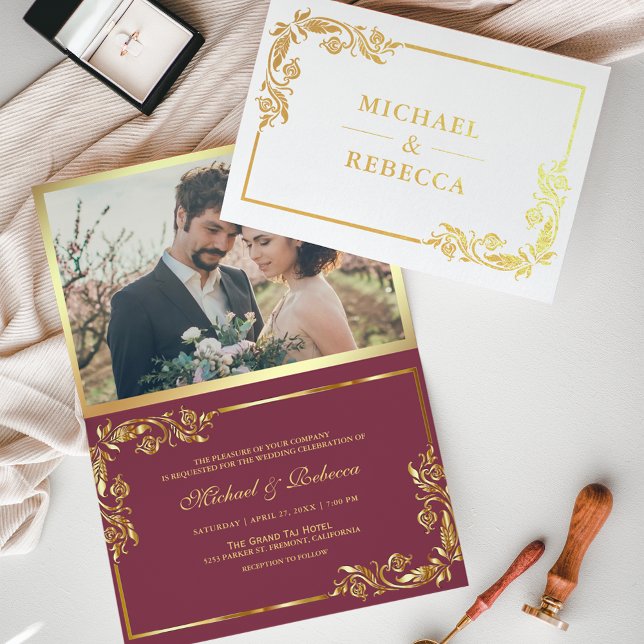 Invitation de mariage photo florale en feuille d'o (Créateur téléchargé)