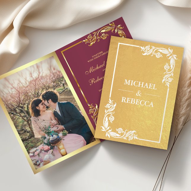 Invitation de mariage photo florale en feuille d'o (Créateur téléchargé)