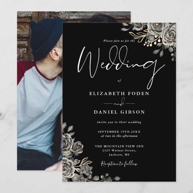 Invitation de mariage photo florale gothique noir  (Devant / Derrière)