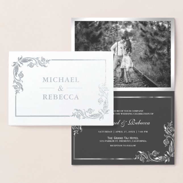 Invitation de mariage photo florale gris feuille d (Affichage)