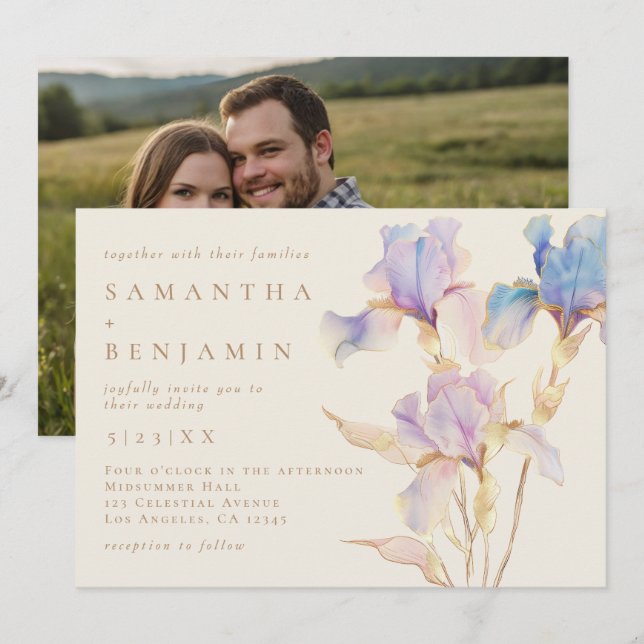 Invitation de mariage photo florale Iris élégant (Devant / Derrière)