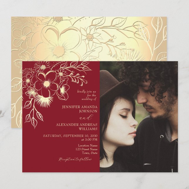 Invitation de mariage photo florale rouge et or (Devant / Derrière)