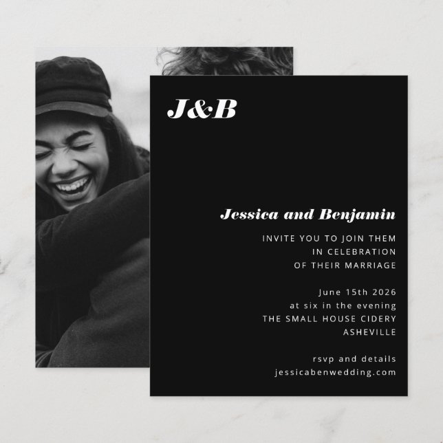 Invitation de mariage photo noir Budget Monogramme (Devant / Derrière)