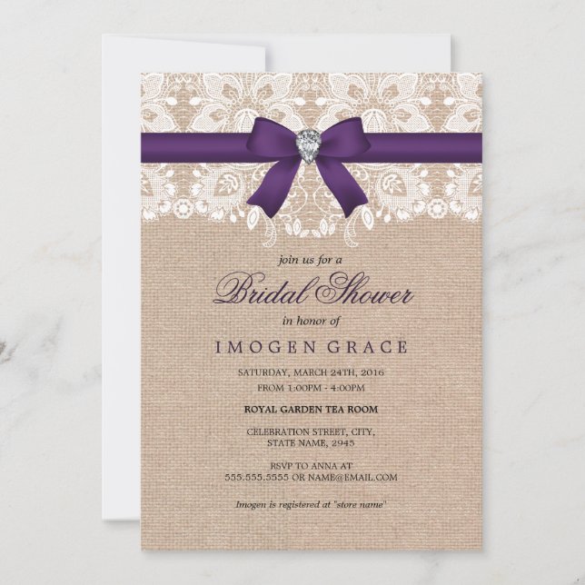 Invitation de mariage Purple Lace & Burlap (Devant)