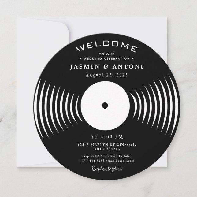 Invitation de mariage QR sur disque vinyle rétro v (Devant)
