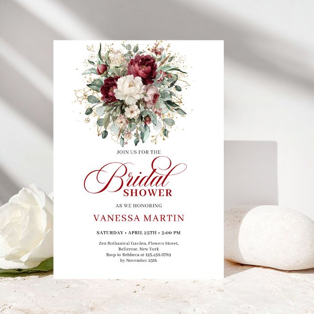Invitation de mariage raffinée marron floral or (Refined Maroon Floral Gold Bridal Shower Invitation)