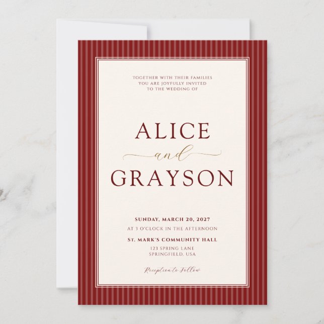 Invitation de mariage rayée à l'encre rouge classi (Devant)