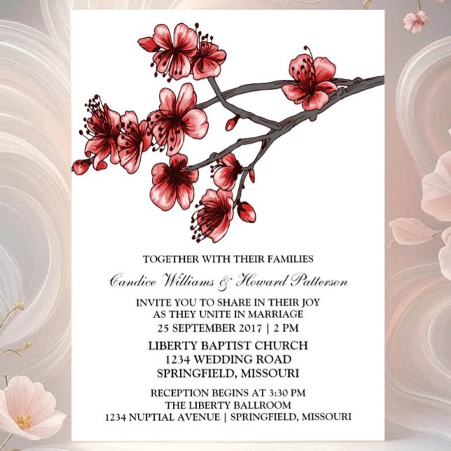 Invitation de mariage Red Simple Cherry Blossoms (Red Simple Cherry Blossom Wedding Invite)