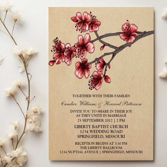 Invitation de mariage Red Vintage Cherry Blossoms (Red Vintage Cherry Blossoms Wedding Invite)