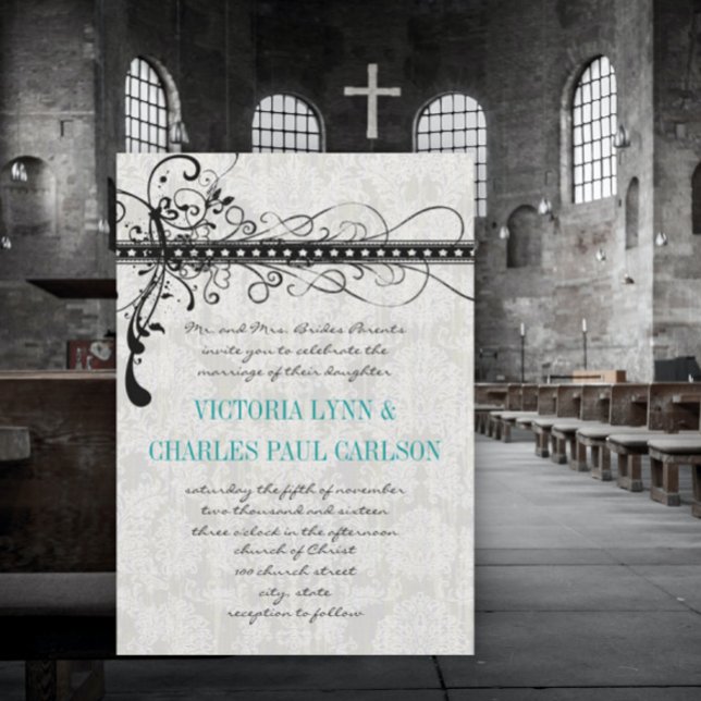 Invitation de mariage Renaissance en damas gris av (Créateur téléchargé)