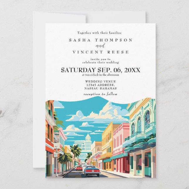 Invitation de mariage rétro à Nassau aux Bahamas (Devant)