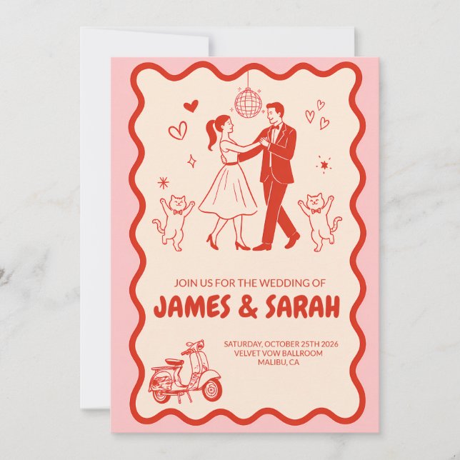 Invitation de mariage rétro groovy disco dancing (Devant)
