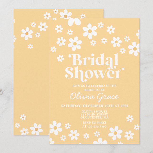 Invitation de mariage rétro jaune Fleur de marguer (Devant / Derrière)