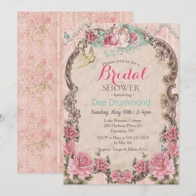 Invitation de mariage rétro shabby chic (Devant / Derrière)