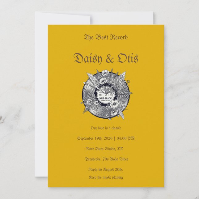 Invitation de mariage rétro vinyle 70s Boho (Devant)