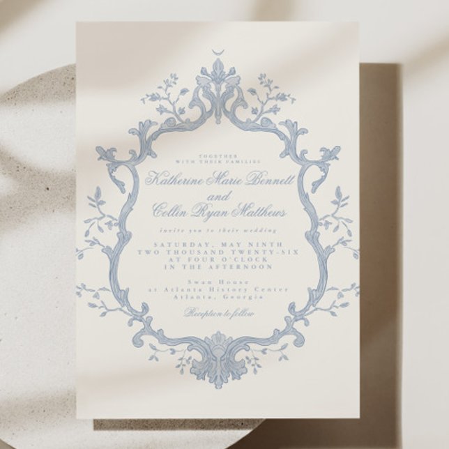 Invitation de mariage rococo bleu poussiéreux (Créateur téléchargé)