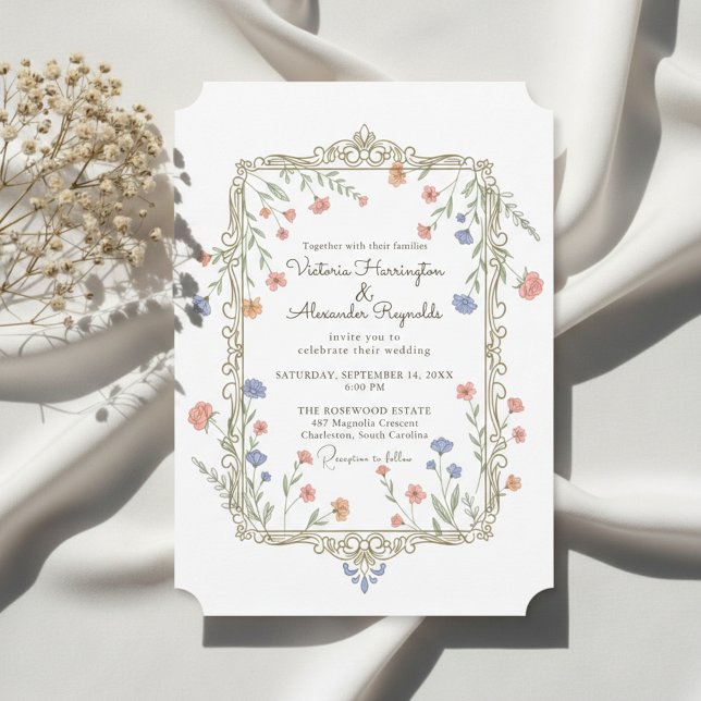 Invitation de mariage romantique à cadre doré flor (Romantic floral wedding invitation with delicate gold frame)