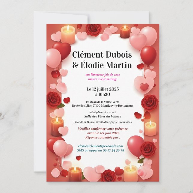 Invitation de Mariage Romantique aux Fleurs  (Devant)